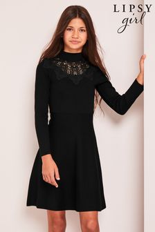Lipsy Black Lace Yoke Long Sleeve Knitted Dress (Q39273) | $81 - $97