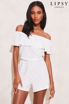Lipsy White Jersey Broderie Summer Playsuit (Q39283) | €23