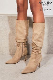 Camel - Lipsy Long Knee High Ruched Mid Heeled Boot (Q39286) | kr1 080