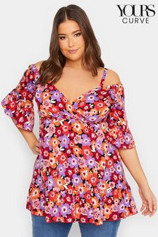 Yours Curve Red Mixed Floral Shirred Cold Shoulder Top (Q39331) | €17