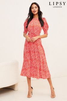 Lipsy Red Spot Puff Sleeve Tie Waist Summer Midi Dress (Q39437) | €21