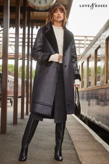 Love & Roses Black Bonded Faux Fur Double Breasted Shearling Long Line Coat (Q39439) | 75 €