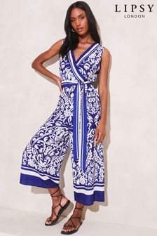 Lipsy Blue Printed Wrap Belted Culotte Wide Leg Jumpsuit (Q39446) | KRW82,100