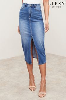 Bleu - Jupe mi-longue Lipsy Jean taille haute fendue sur le devant (Q39472) | €59