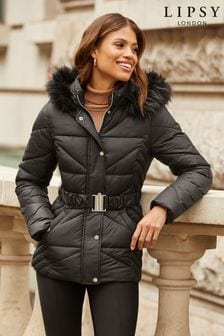 Lipsy Short Belted Fur Hood Padded Coat