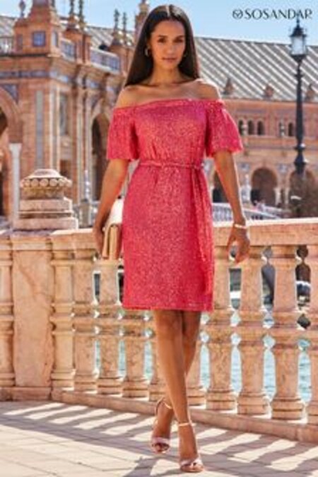 Sosandar Red Sequin Short Sleeve Bardot Belted Shift Dress (Q39944) | €109