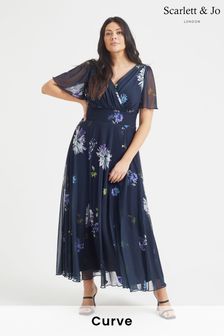 Scarlett & Jo Navy Blue Dandelion Isabelle Angel Sleeve Maxi Dress (Q39997) | €56