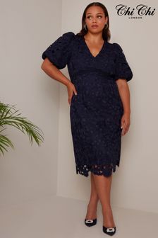 Chi Chi London Navy Blue Curve Puff Sleeve Premium Lace Mini Dress (Q40000) | €52