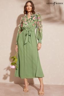 Love & Roses Green Floral Printed Button Belted Long Sleeve Midi Dress (Q40106) | TRY 1.428