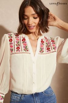 Love & Roses Ivory Embroidery Embroidered Pintuck Long Sleeve Button Through Blouse (Q40109) | $87