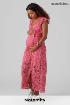 Mamalicious Pink Maternity Lace Midi Occasion Dress (Q40303) | $91