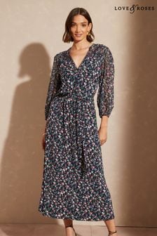 Love & Roses Navy Blue Petite Jersey Dobby Mix V Neck 3/4 Sleeve Midi Dress (Q40314) | 170 zł