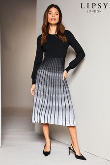 Lipsy Black/White Petite 2 in 1 Pleated Knitted Long Sleeve Midi Dress (Q40364) | €25