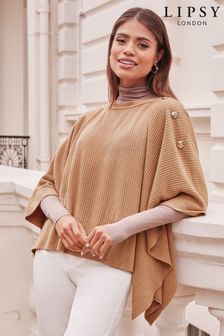 Lipsy Camel Military Button Shoulder Knit Poncho (Q40408) | kr410
