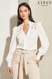Lipsy White V Neck Cut Out Detail Long Sleeve Shirt (Q40737) | AED179