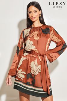 Roestkleurig met bloemenprint - Lipsy jurk met ceintuur, ronde hals en lange uitlopende mouwen (Q40768) | €97