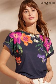 Love & Roses Navy Floral Roll Sleeve Round Neck T-Shirt (Q40772) | TRY 510