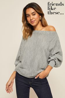 Friends Like These Grey Petite Batwing Knitted Off The Shoulder Jumper (Q40909) | kr454