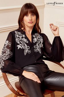 Love & Roses Black Ruffle Neck Long Sleeve Embroidered Blouse (Q40914) | €63