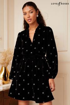 Love & Roses Black Embroidered Velvet Long Sleeve V Neck Belted Mini Dress (Q40931) | 49 €