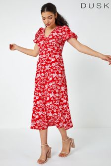 Rdeča - Srednje dolga obleka s cvetličnim potiskom in čipko na hrbtu Dusk (Q41030) | €28