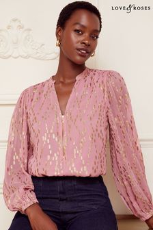 Love & Roses Pink and Gold Petite Zip Front Mix Sheer Long Sleeve Blouse (Q41282) | €60