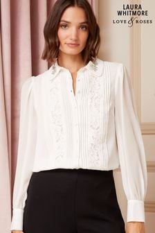 Love & Roses Ivory White Embellished Collar Lace Trim Shirt (Q41294) | AED222