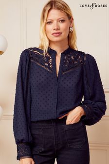 Love & Roses Navy Blue Lace Yoke Ruffle Neck Button Through Blouse (Q41295) | AED105