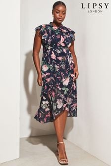 Lipsy Navy Printed Curve Printed Keyhole Ruffle Fit and Flare Midi Dress (Q41324) | OMR32