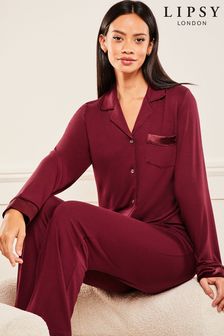 Lipsy Berry Red Red Jersey Satin Mix Long Sleeve Shirt and Trousers Pyjamas (Q41392) | INR 5,584