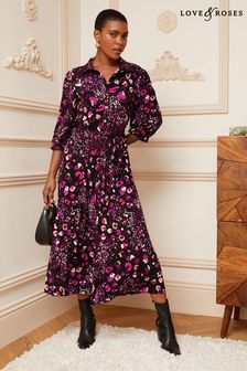 Love & Roses Jersey Pleated Belted Midi Summer Shirt Dress