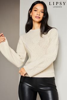 Bela slonokoščena - Lipsy pleten pulover s širokimi rokavi in šivi (Q41482) | €19