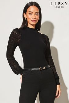 Lipsy Black Petite Pointelle Sleeve High Neck Knitted Jumper (Q41562) | €22.50