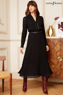 Love & Roses Black PU Trim Pleated Belted Midi Dress (Q41638) | OMR35