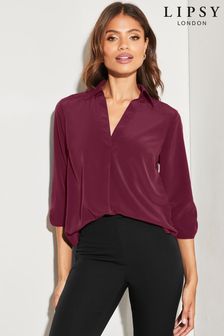 Lipsy Berry Red V Neck 3/4 Sleeve Collared Blouse (Q41648) | €13
