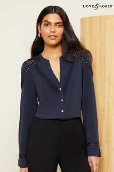 Love & Roses Navy Blue Jersey Lace Trim V Neck Button Through Shirt (Q41681) | $99