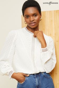 Love & Roses Ivory White High Neck Lace Trim Long Sleeve Blouse (Q41682) | 2,231 UAH