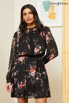 Schwarzes florales Muster - Love & Roses Bedrucktes Pintuck Minikleid mit Gürtel und Spitze​​​​​​​ (Q41683) | 90 €
