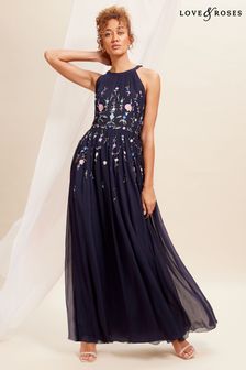 Love & Roses Navy Blue Embellished Chiffon Halter Maxi Dress (Q41694) | AED721