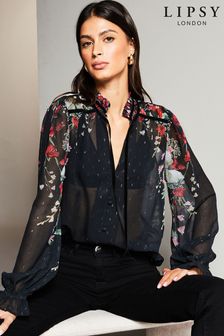 Lipsy Black Floral Sheer Tie Neck Long Sleeve Blouse (Q42036) | $80