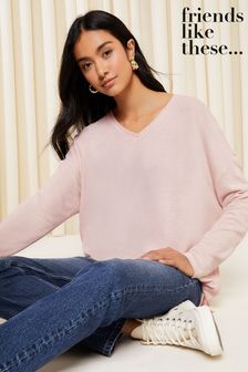 Friends Like These Blush Oversized V Neck Cosy Jersey Long Sleeve Sweat Top (Q42193) | $32