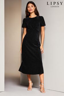 Lipsy Black Velvet Jersey Puff Short Sleeve Underbust Summer Midi Dress (Q42280) | €35