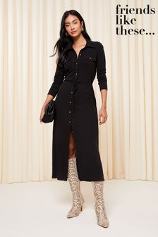 Friends Like These Black Petite Belted Textured Long Sleeve Midi Shirt Dress (Q42394) | kr770