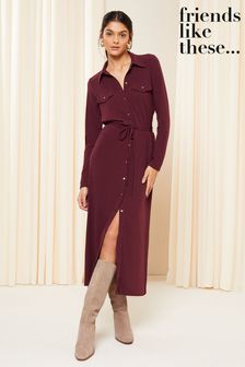 Friends Like These Burgundy Red Belted Textured Long Sleeve Midi Shirt Dress (Q42396) | SGD 85
