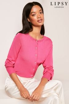 Lipsy Hot Pink Scallop Detail Crew Neck Button Through Cardigan (Q42438) | AED126
