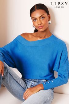 Lipsy Aqua Blue Long Sleeve Knitted Off The Shoulder Jumper (Q42444) | AED134