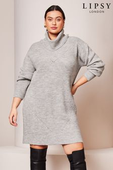Lipsy Grey Curve Long Sleeve Cowl Neck Knitted Jumper Dress (Q42541) | €60