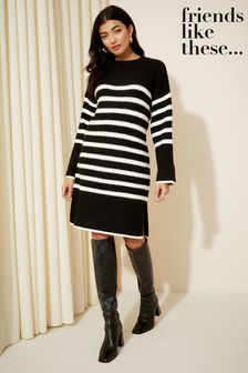 Friends Like These Black/White Striped Knitted Long Sleeve Jumper Dress (Q42676) | OMR24