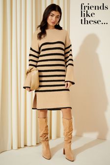 Friends Like These Camel stripe Striped Knitted Long Sleeve Jumper Dress (Q42677) | kr597