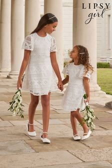 Lipsy Ivory Flutter Sleeve Lace Occasion Dress (Q42728) | $95 - $115